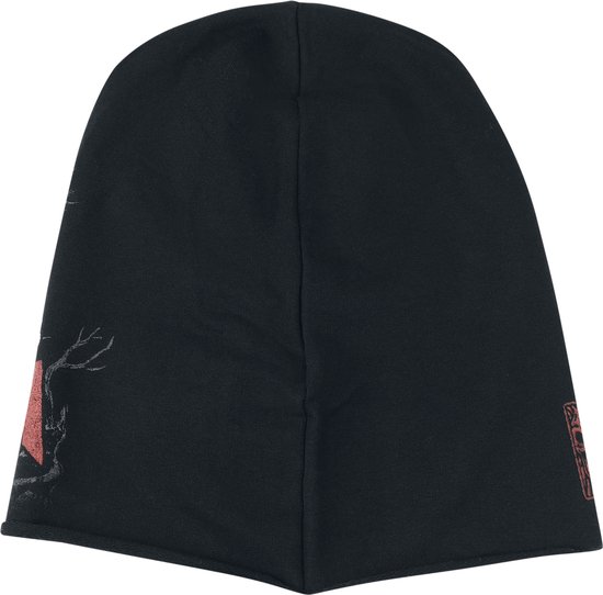 Achterzijde van een zwarte beanie met subtiele details aan de zijkant.
