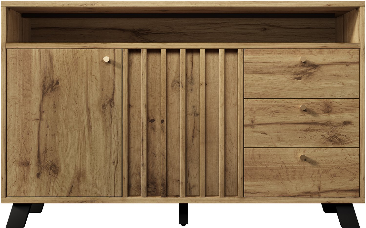 SONNENH Dressoir met 2 deuren, 3 laden, open vak en lamellenfront - Donkere eikenlook - 120 x 40 x 85 cm