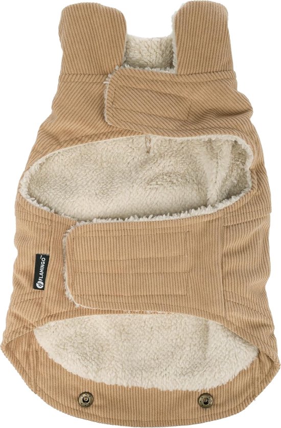 Binnenkant van beige corduroy hondenjas met witte pluche voering, Flamingo-label en klittenbandsluiting.