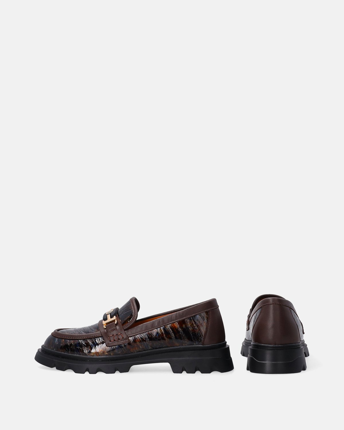 Bruine damesloafers - Lakleer - Goudkleurige versiering - Maat 37