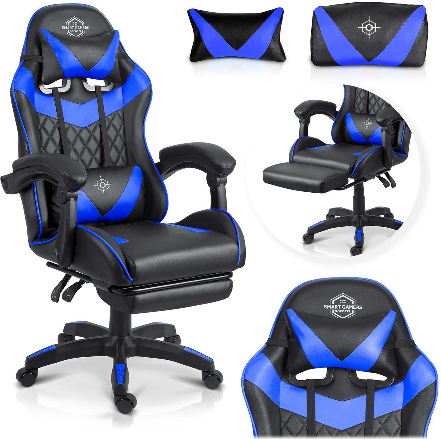 Sofotel Draknor II - Gamestoel - Zwart-blauw - Verstelbare rugleuning - Inclusief twee kussens