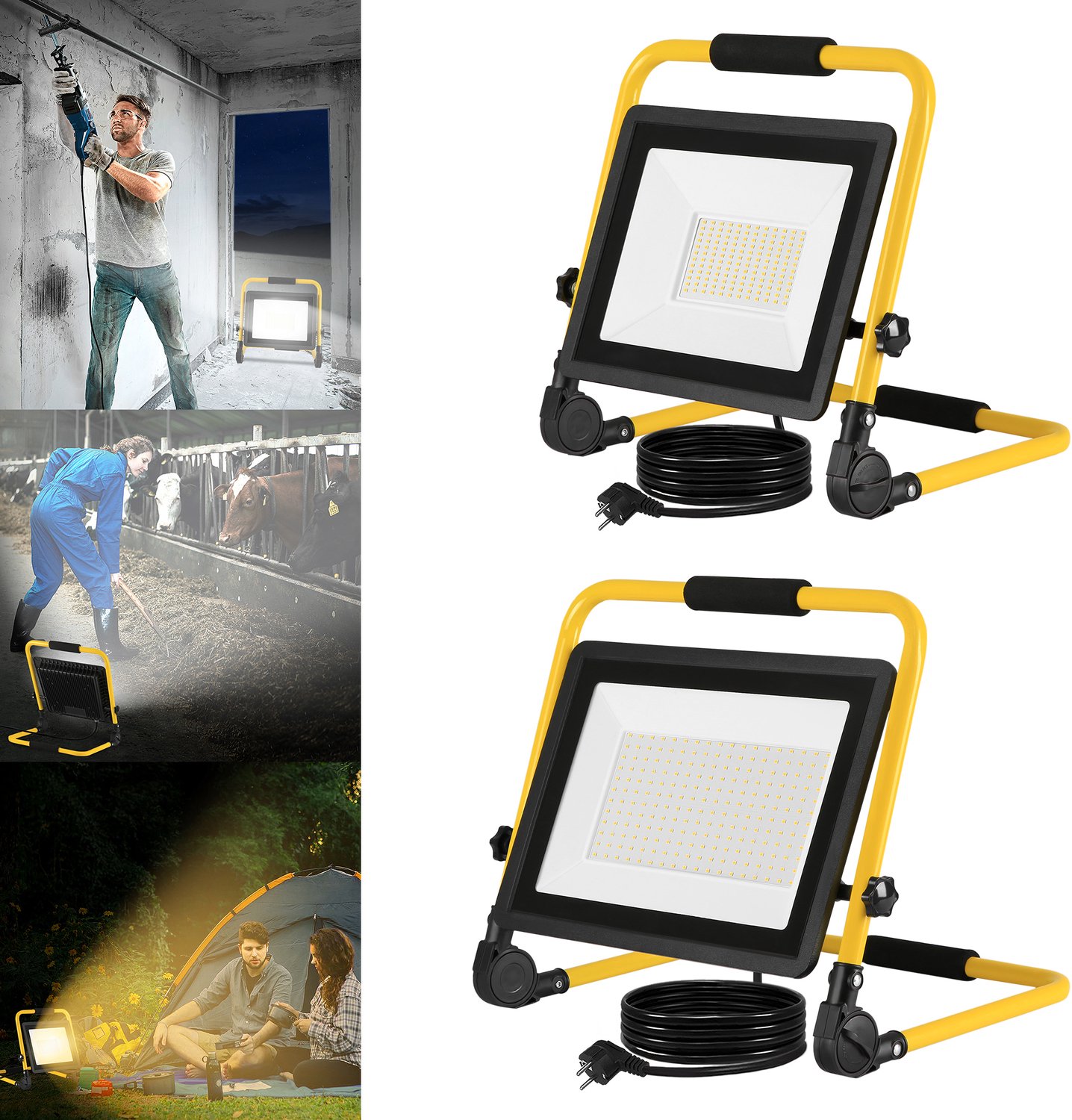 Aufun LED Bouwlamp 100W LED Bouwspot, Bouwplaats Spot Koud wit Werkspot LED Schijnwerper Schijnwerper, Statief en Draaggreep, Schijnwerper voor Tuin, Garage