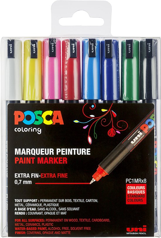 POSCA Paintmarker PC-1MR – 0,7 mm – Uni Mitsubishi Pencil – etui van 8 stuks in geassorteerde basiskleuren