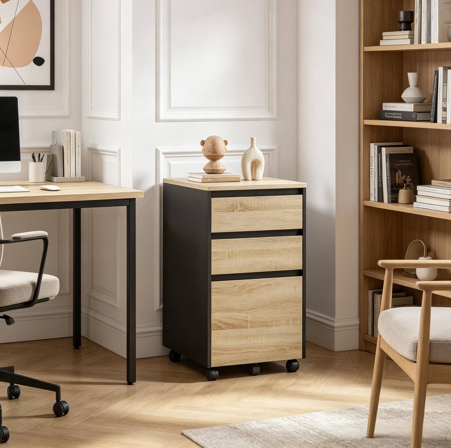 CHICFURN Archiefkast 40 cm - Mobiel - 3 lades - Zwart en licht eiken