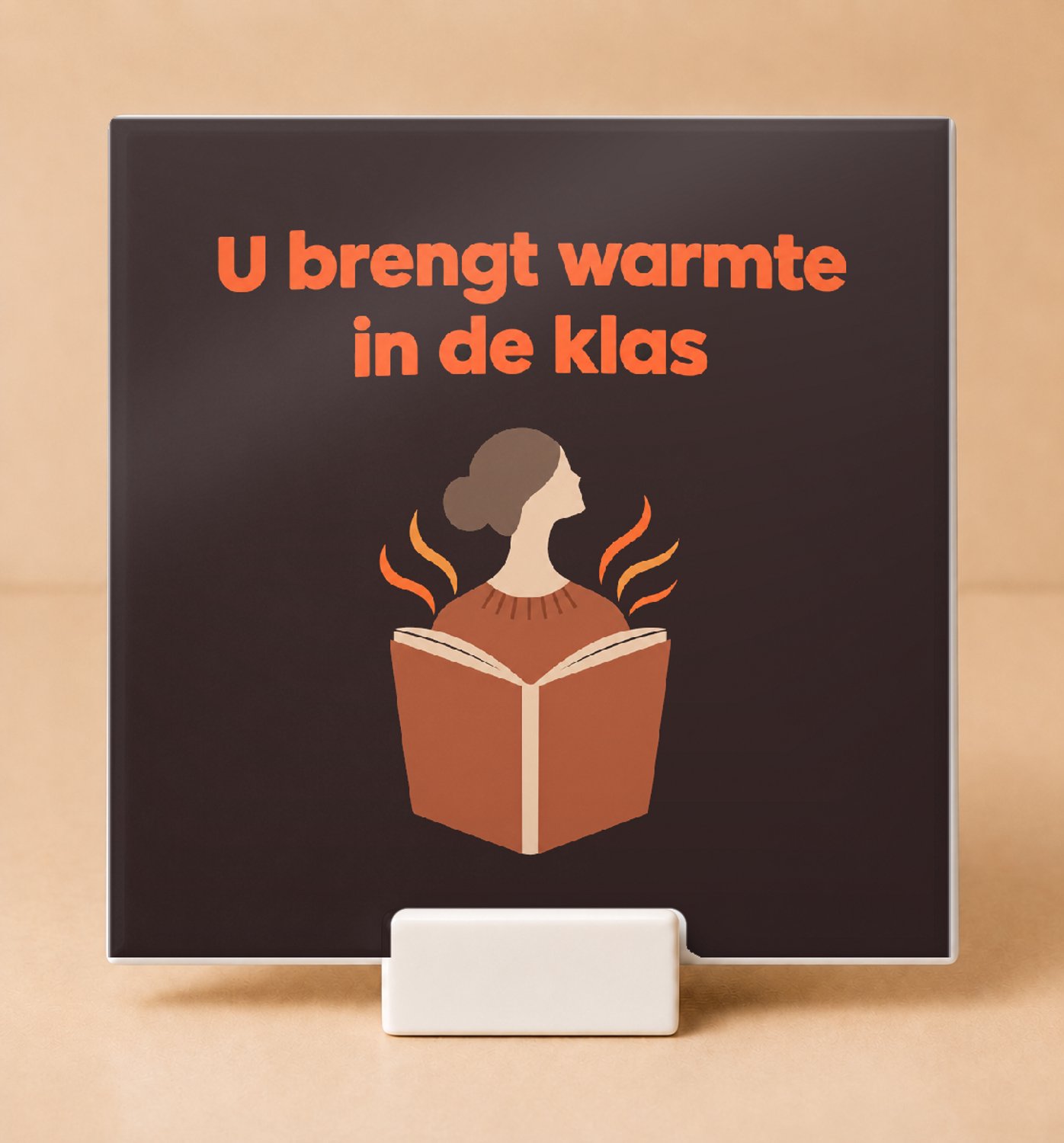 Bedruk King Strakke minimalistische Tegel "U brengt warmte in de klas" – Kersttrui thema voor meester en leerkracht - 11 x 11 cm met houder Wit