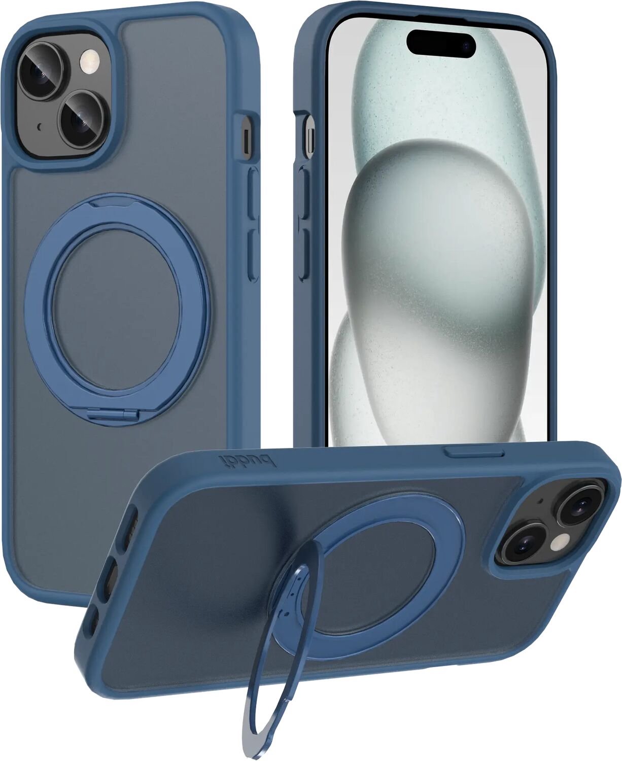 Buddi Frost Hoesje Geschikt voor Apple iPhone 17e/16e/15/14/13 - Mat Donker Blauw - Met Ring Stand - MagSafe Back Cover - Matchende kleur - Met 360° Draaibare Standaard - Shockproof - Slank