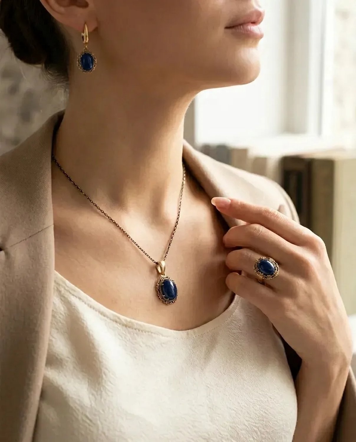 Dorvina Brons Dames Koper Dames Set Blauw Ster Steen Vintage Ketting Oorbellen Ring Set