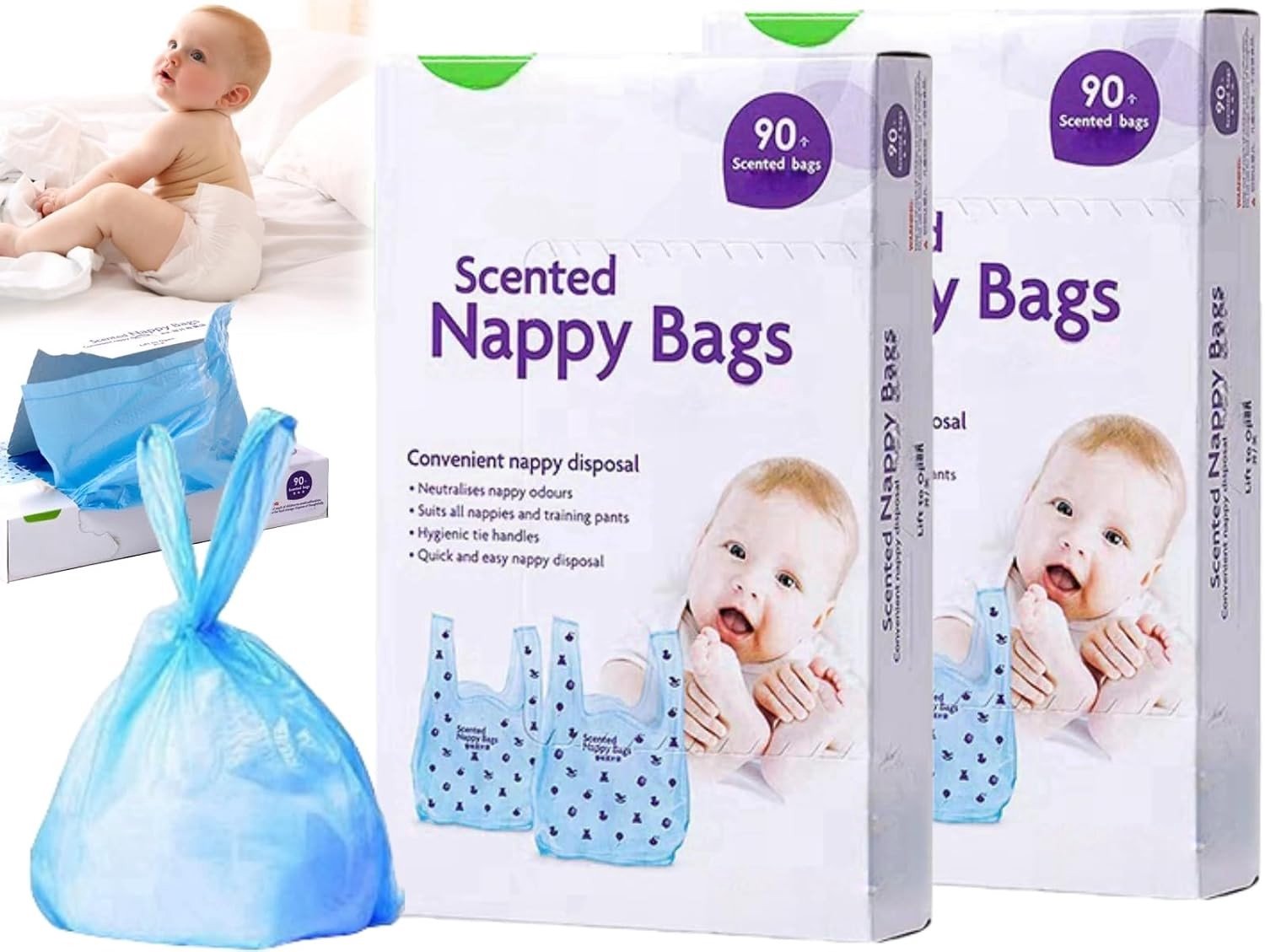 Verpakkingen voor Wegwerp Luiers, 180 Stuks Geurige Luiertasjes, Plastic Luiertassen voor Baby's, Ideaal voor Thuis en Op Reis