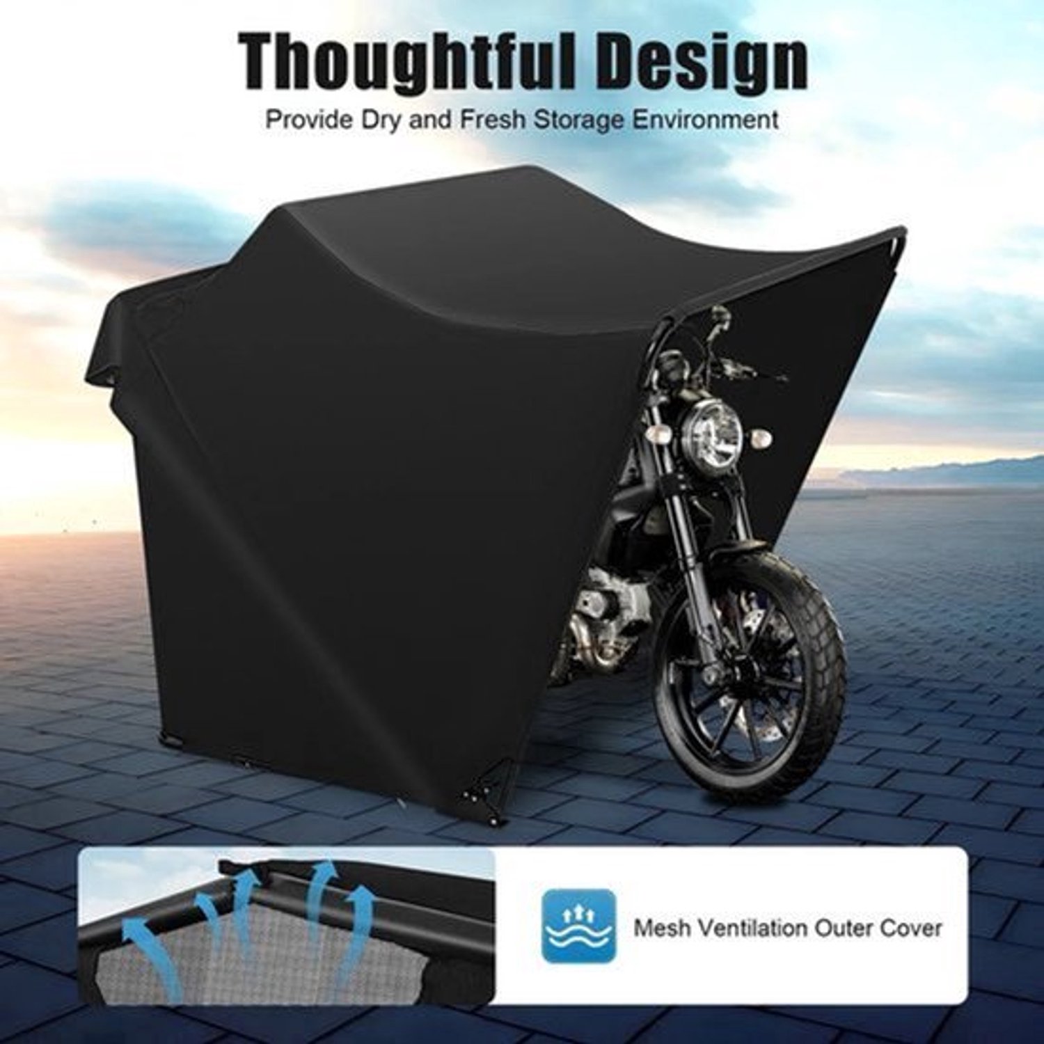Motorhoes Opvouwbare Garage - Zwart - Oxford Doek - Vrijstaand Frame - 270x105x155 cm - Bescherming Voor Motorfiets En Scooter