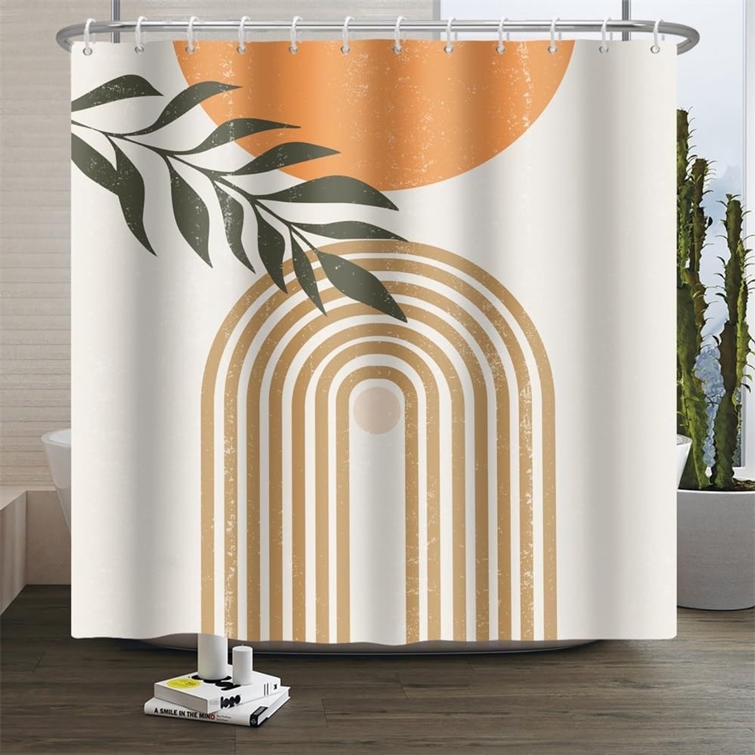 Boho Shower Curtain Modern Abstract Art Leaves Sun Lines Beige Bathroom Curtain Modern Minimalist Mid Century - ShopVlot