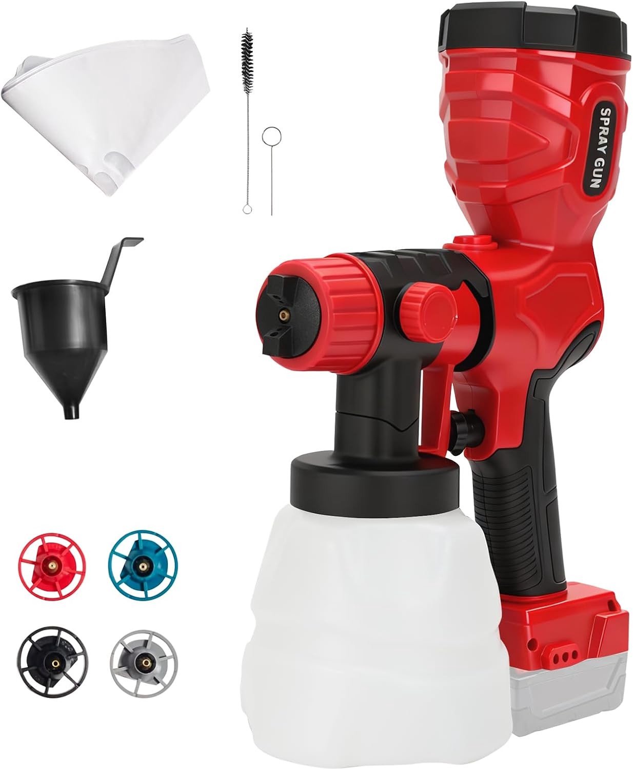 Draadloze verfspuit met HVLP-technologie, 43.000 tpm motor, 4 spuitmonden en 1200ml tank voor schuren, muren en meubels