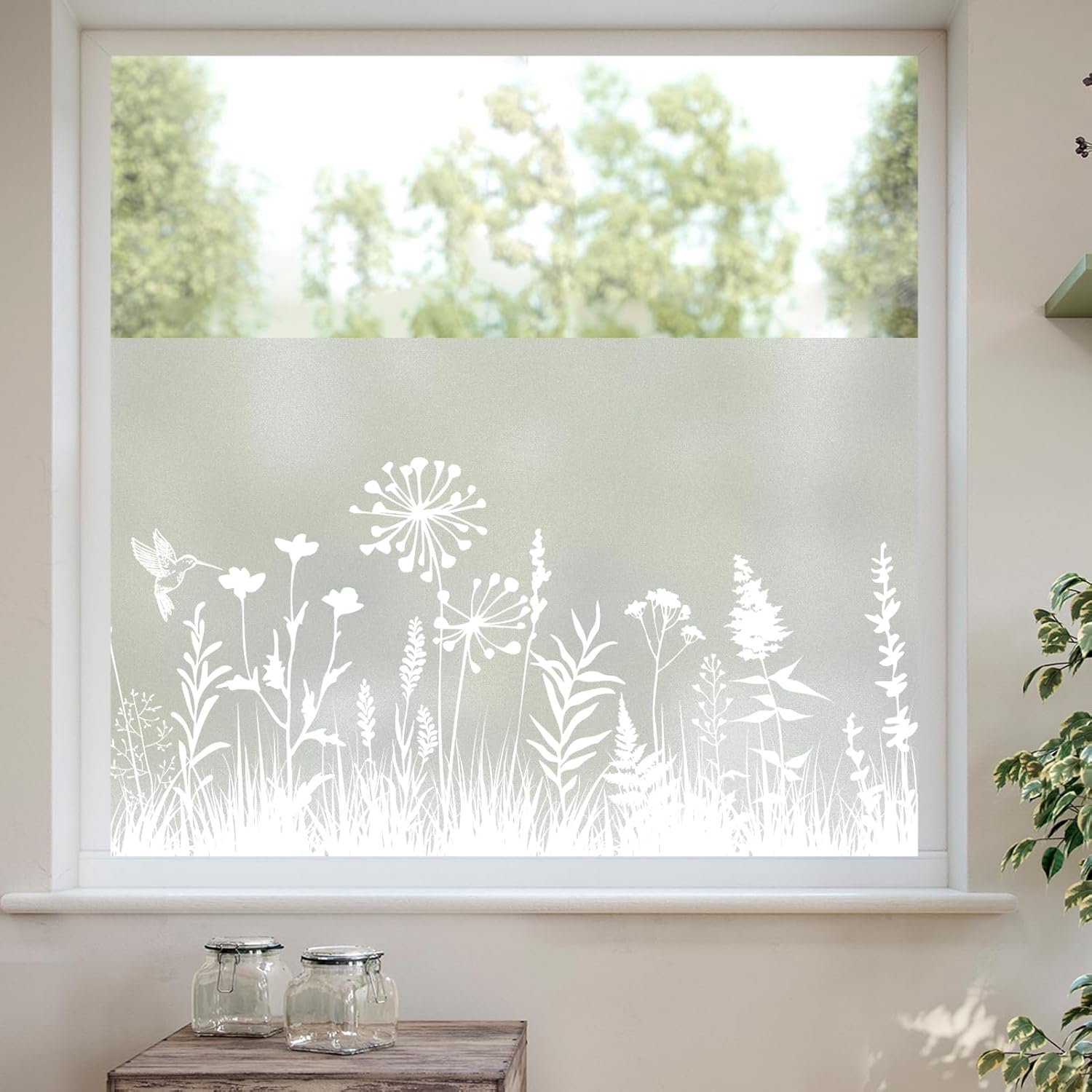 SnelShoppen - Dktie Opaque Privacy Window Film met Witte Plantenpatroon - 44.5 x 200 cm - Verduisterend, Decoratief en Veilig voor Thuis, Keuken of Ka