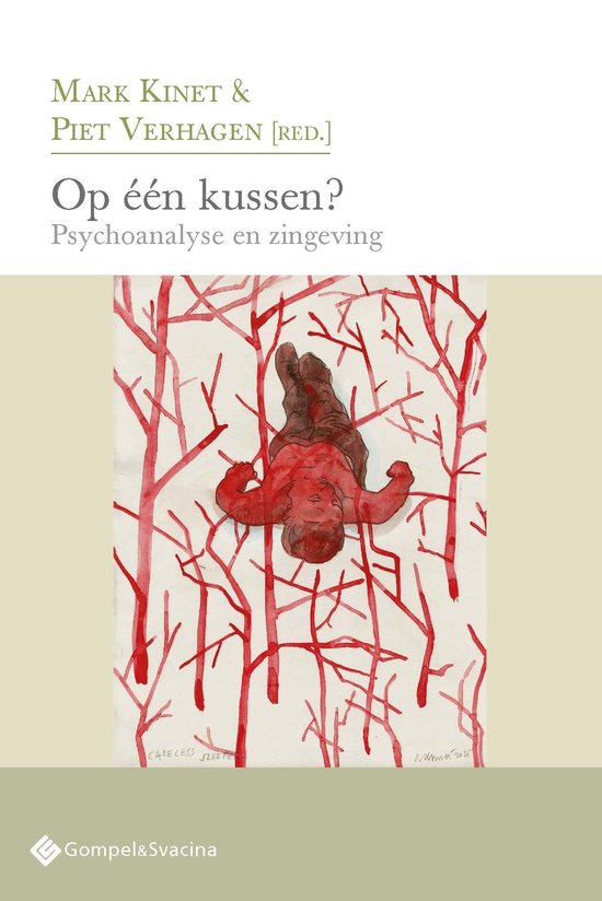Boekomslag 'Op één kussen? Psychoanalyse en zingeving' met een illustratie van een rood, zwevend figuur tussen rode takken.