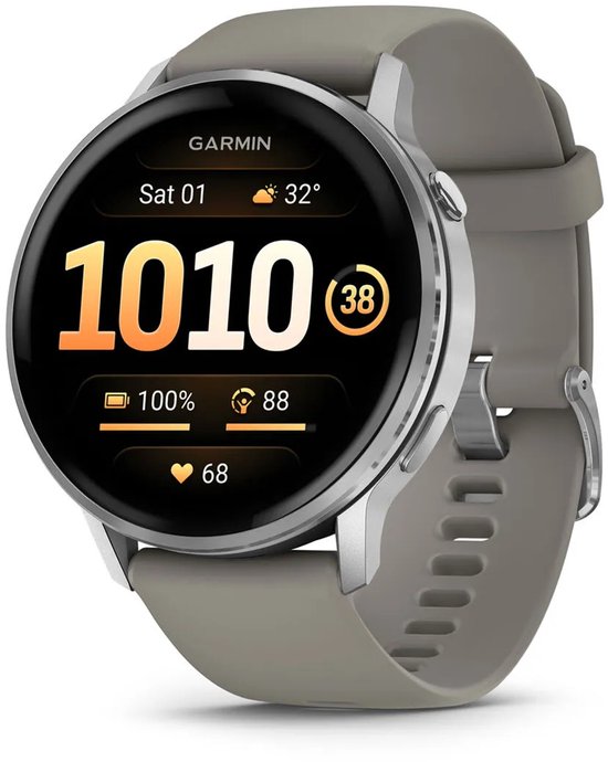 Smartwatch met zilveren behuizing, grijs bandje en digitaal display met datum, tijd 1010 en batterijstatus.