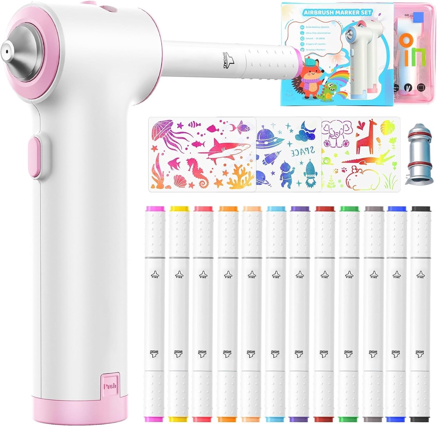 Set van 12 Dubbelpunt Textielmarkers met Airbrush Spraypennen, 3 Sjablonen en 2 Spuitmondjes - Heldere Kleuren voor Textielverf en Creatieve Projecten