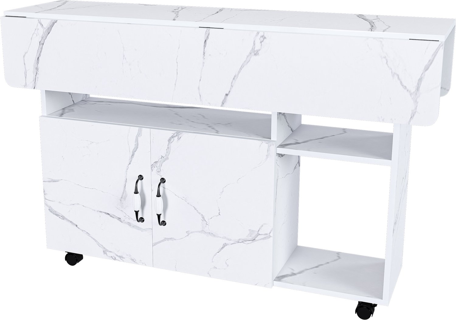 SONNENH Inklapbare eettafel op wielen met opbergkast - MDF - 110 x 70 cm - Wit marmerlook