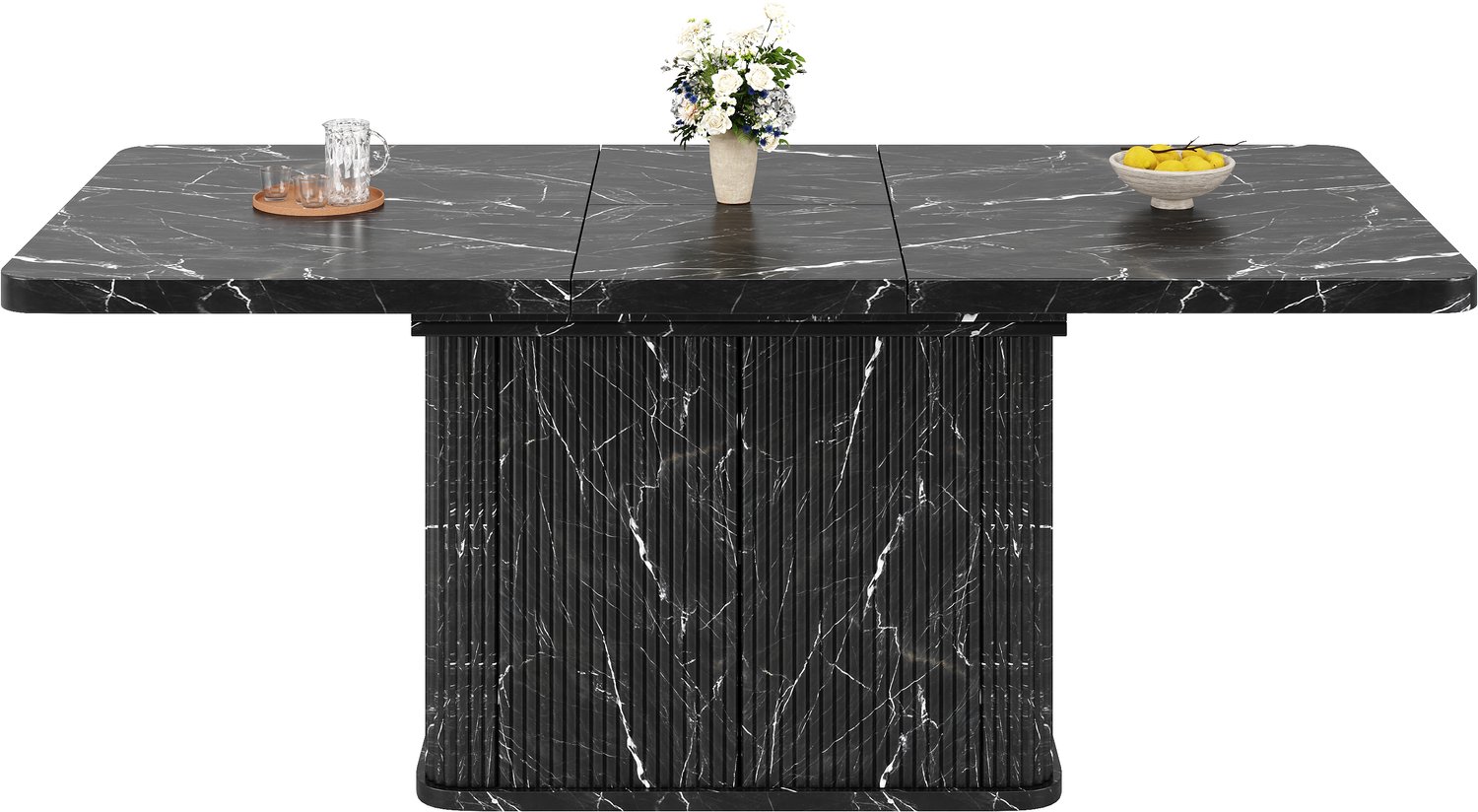 SONNENH Uitschuifbare eettafel met geribde opbergkast - 140 tot 180 cm - Zwart marmerlook