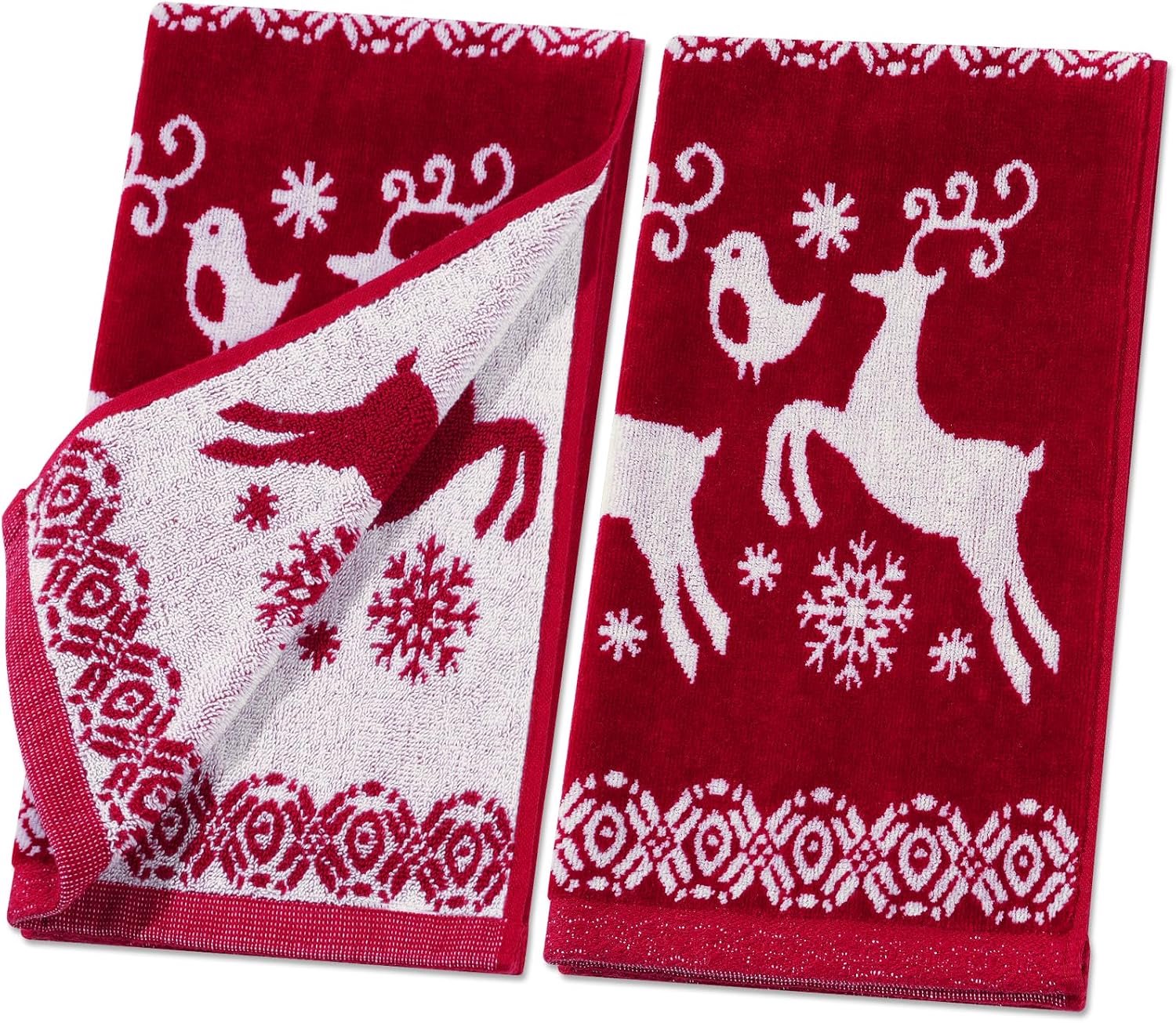 Set van 2 kersthanddoeken met rendier- en sneeuwvlokmotief – Dikke, zachte rode jacquard-handdoekenset – Feestelijke decoratie en cadeau voor keuken of badkamer (41 x 69 cm)