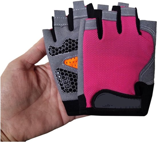 Roze halfvingerige handschoenen met grijze handpalm met zwarte honingraat-gel-grip en oranje accent.