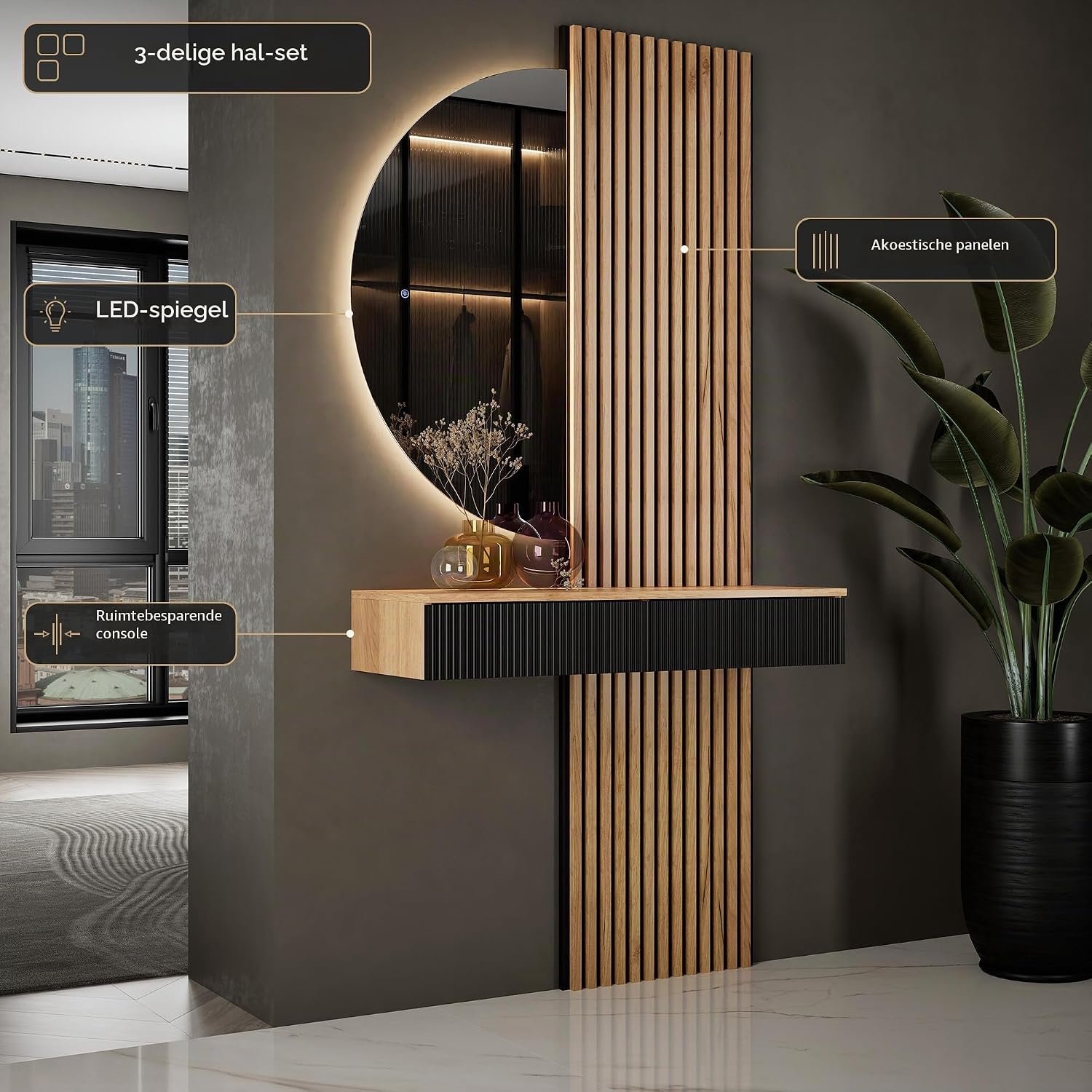 Moderne Halmeubelset met Console, Halfronde Spiegel met LED Verlichting en 2 Akoestische Wandpanelen 100 cm – Garderobeset Goud Eiken/Zwart