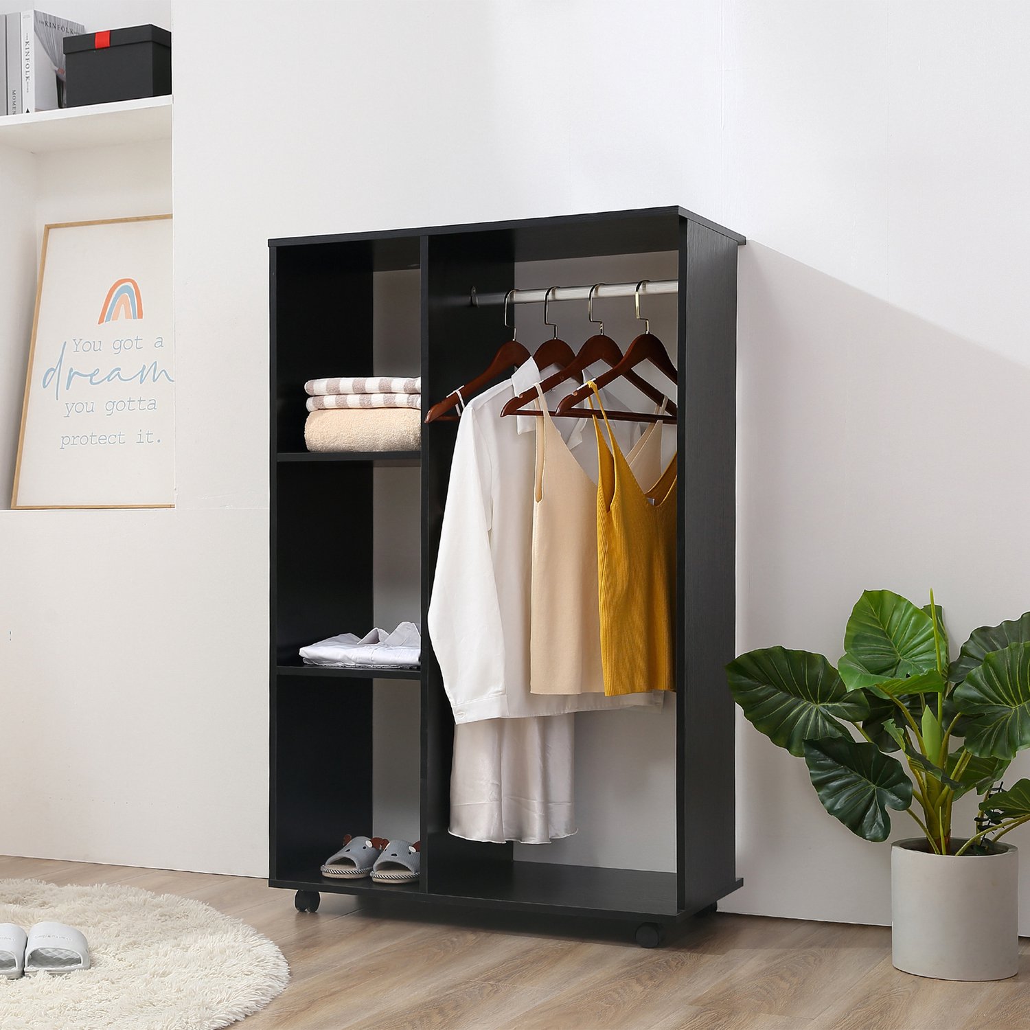 TEKROA® Kledingkast – Open kledingkast op wielen - slaapkamerkast - met kledingroede en 3 legplanken - verrijdbaar kledingrek voor garderobe of hal -zwart