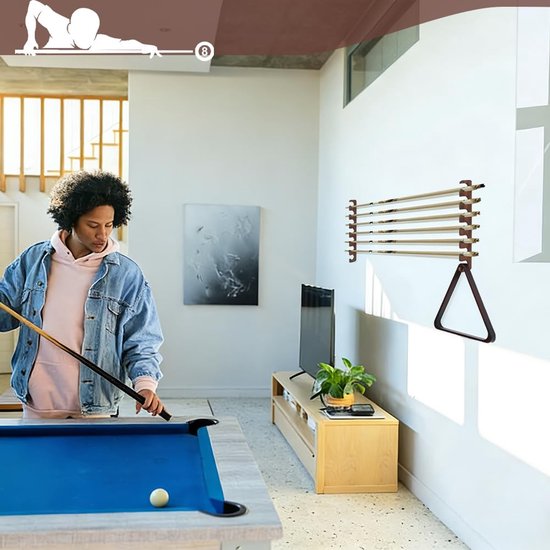 2 stuks wandmontage zwembad stickhouder, houten zwembad keu rek wandgemonteerde biljart keu houder pooltafel accessoires organisator houdt tot 7 keuen stok voor biljartkamer of club, 43,1 x 7 — afbeelding 5