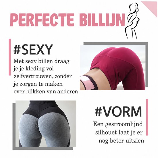 Vrouw draagt sportleggings in bordeauxrood en grijs-zwart om de bilcontouren te accentueren.