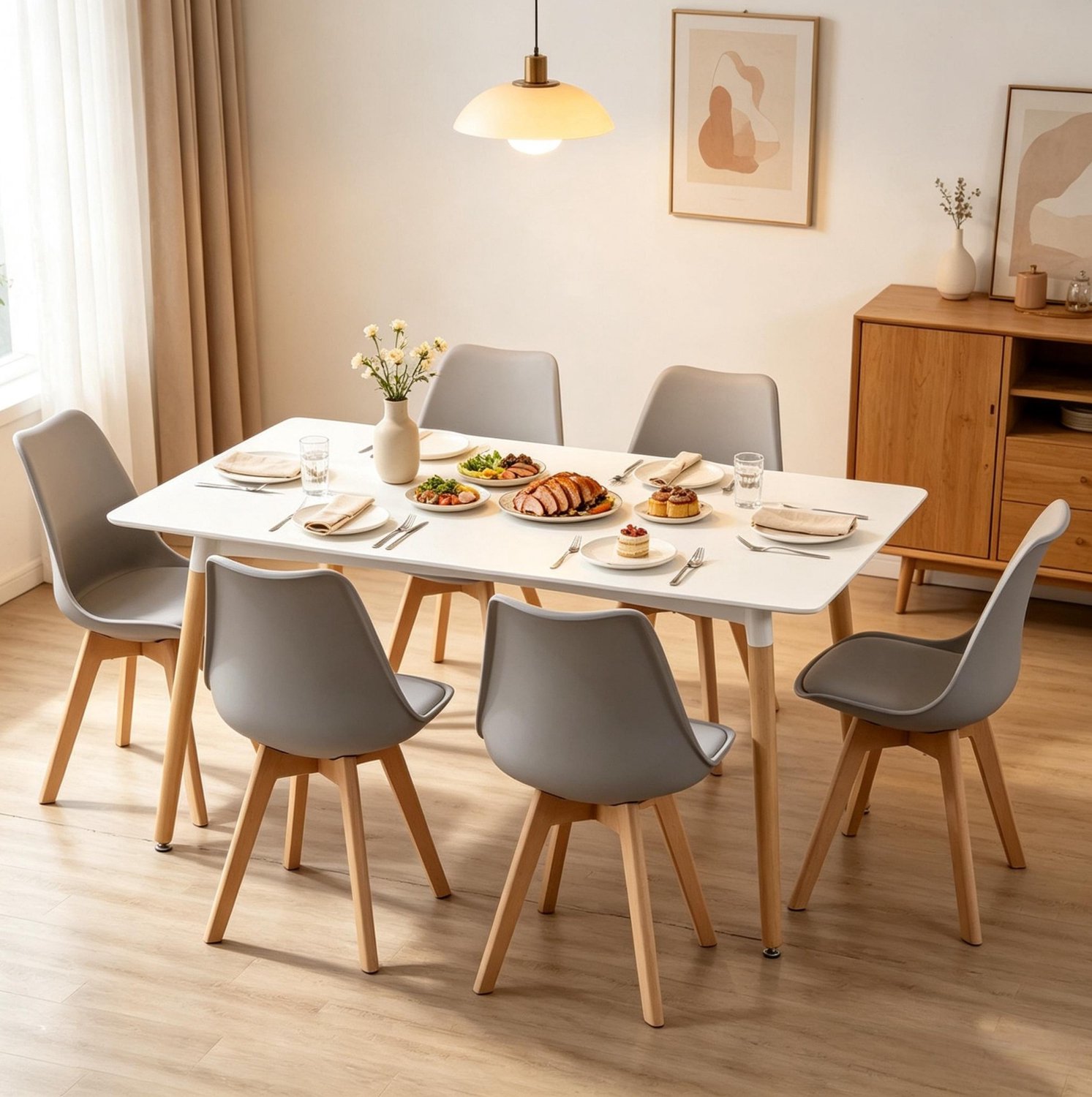 STILVORA Eetkamerstoel Kuipstoel 49 x 42 x 83 cm - Set Van 6 Met Kunstleren Zitting - Voor Eetkamer, Keuken En Vergaderruimte - Grijs En Hout