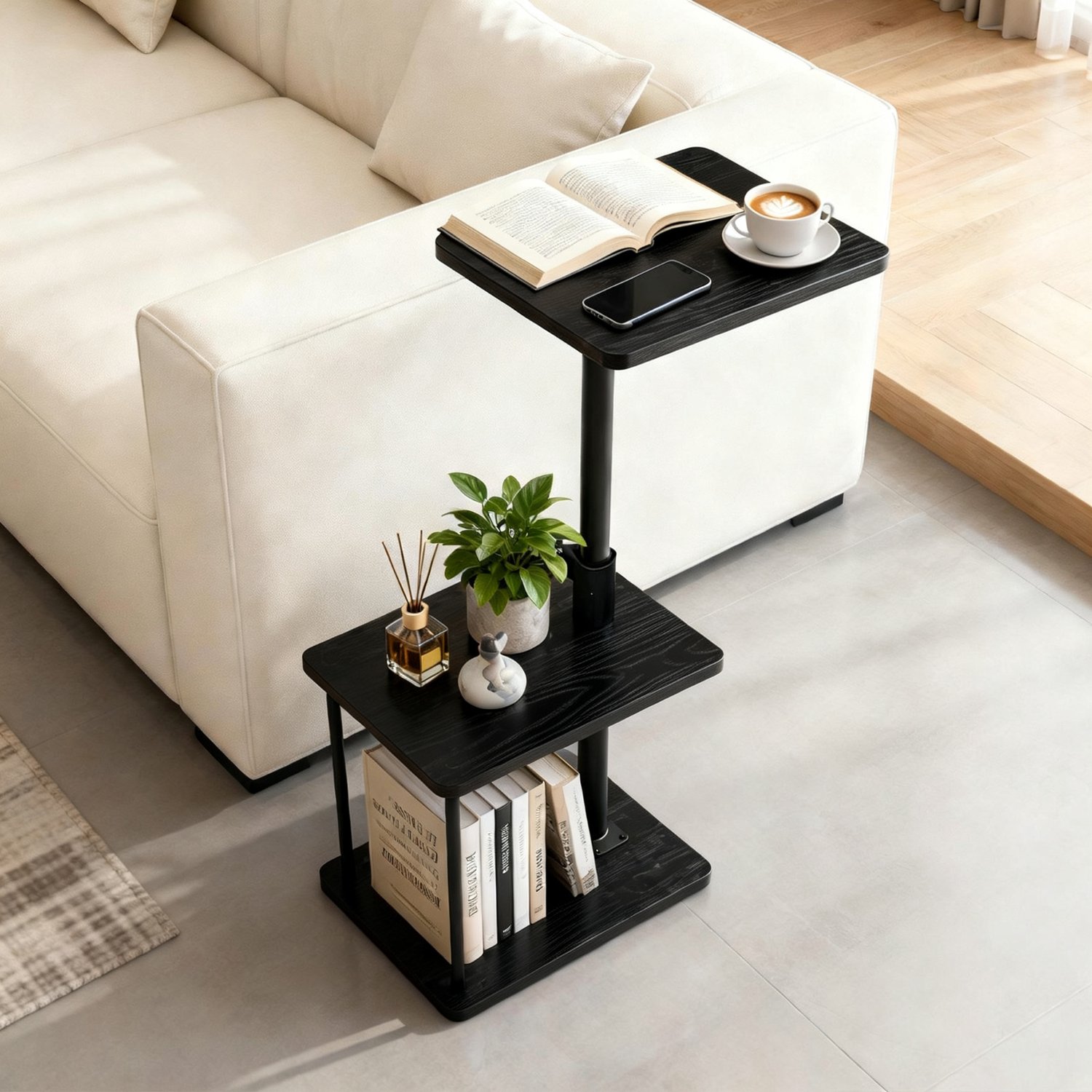 360° draaibare bijzettafel in hoogte verstelbaar, C-vormig – schuift onder de bank, voor woonkamer en slaapkamer, Zwart 40 x 30 x 82 cm