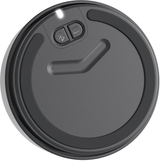 Ronde, grijze draadloze bedieningsknop voor Logitech-speakers met Bluetooth- en invoerpictogrammen aan de bovenzijde.