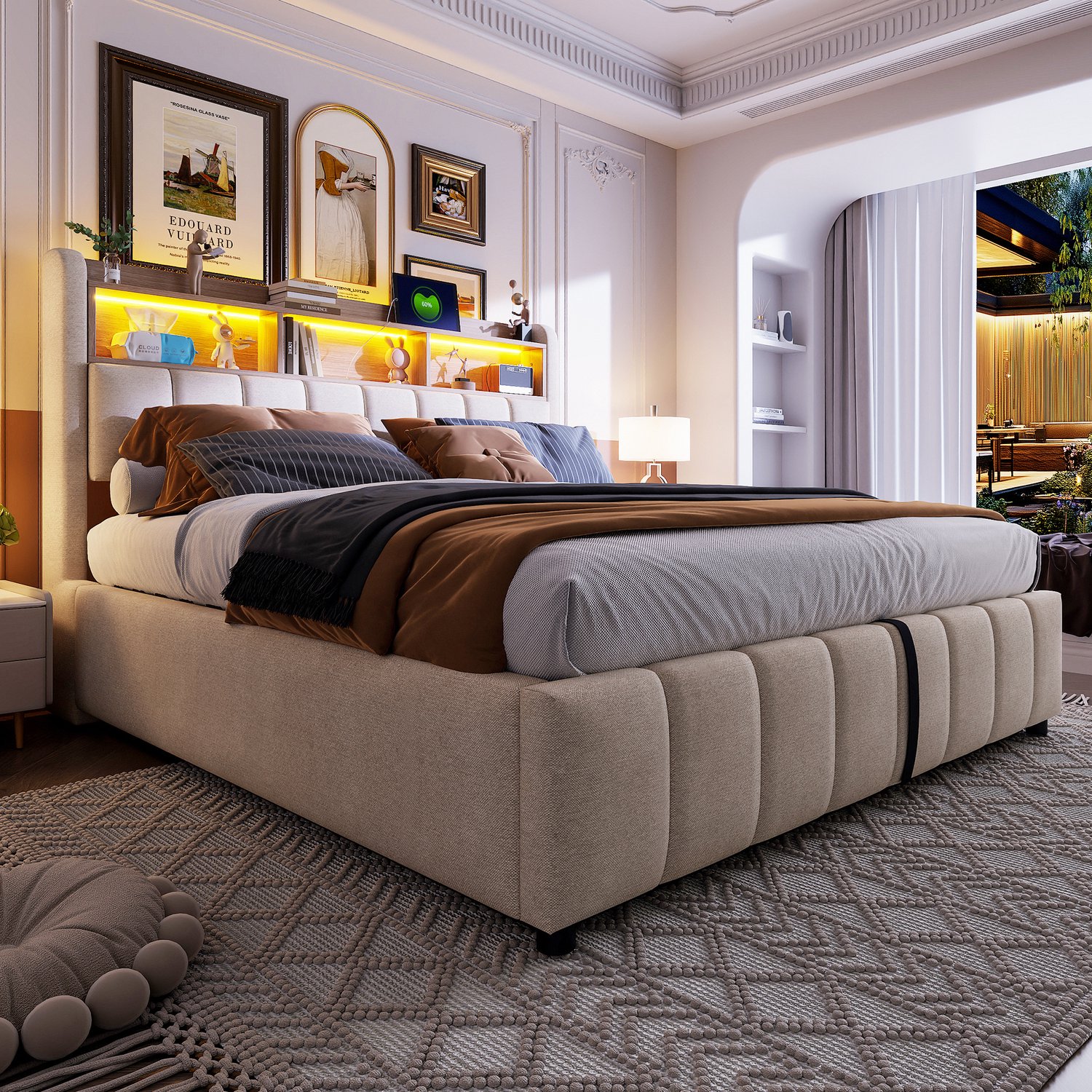 Merax 180x200 cm gestoffeerd bed - hoofdeinde met opbergruimte - met LED-verlichting en USB-poort - beige - zonder matras