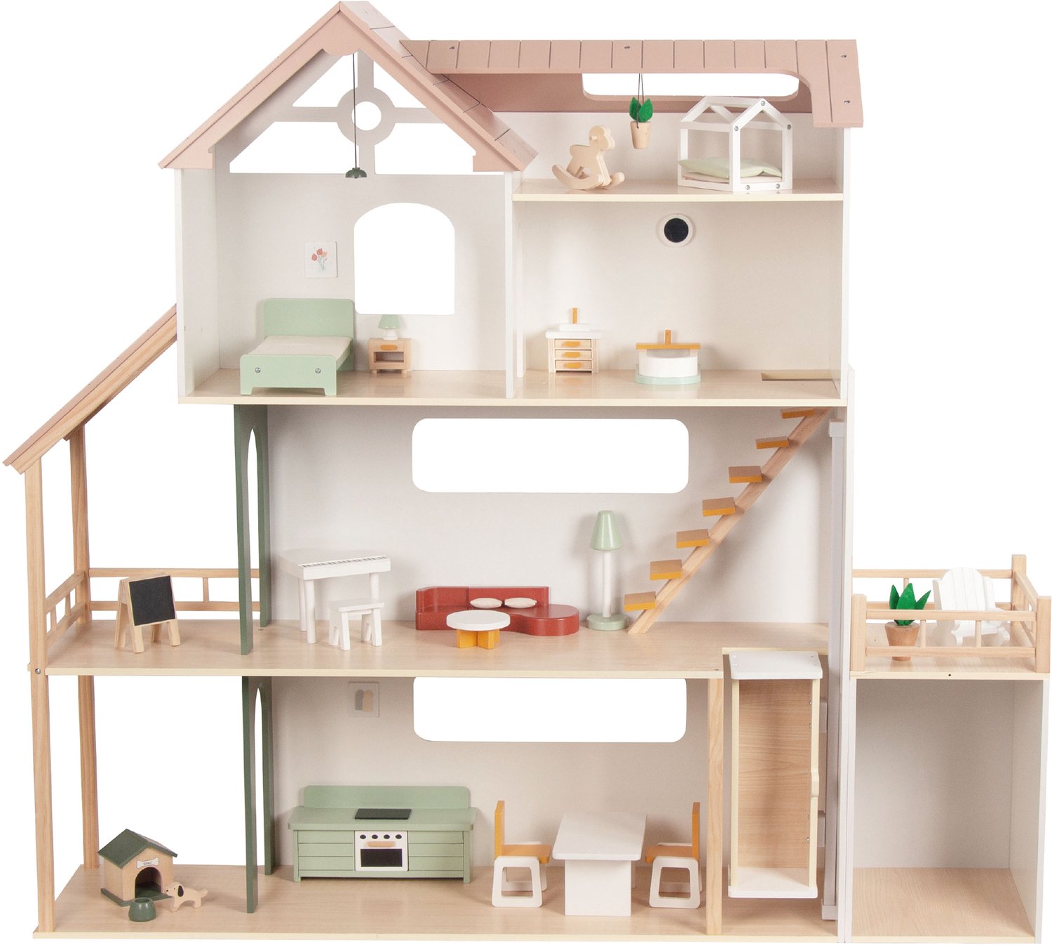 Sunny Rosie Poppenhuis XXL – 137,6 x 31,3 x 124,2 cm – Houten Poppenhuis – 3 Verdiepingen en 9 Kamers – Inclusief 23 Accessoires – Voor Poppen tot 29 cm – Vanaf 3 Jaar