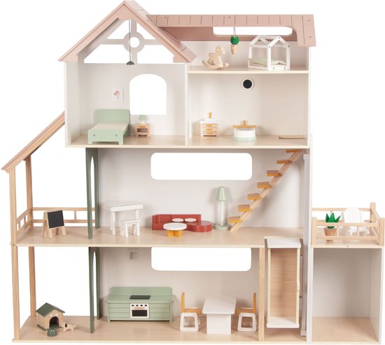 Houten Sunny poppenhuis in pasteltinten, volledig ingericht met 23 accessoires.