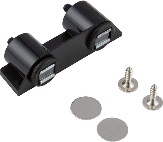 Zwarte dubbele ronde magneetsnapper met twee metalen sluitplaten en schroeven.