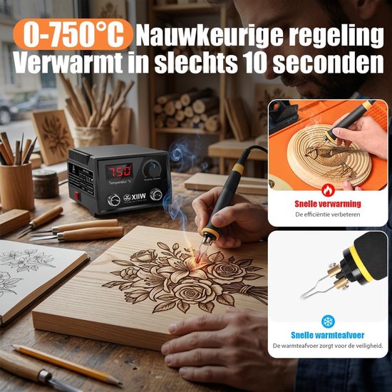 Houtbrander 0-750°C, verwarmt snel, met digitale display en verwarmingseffect.