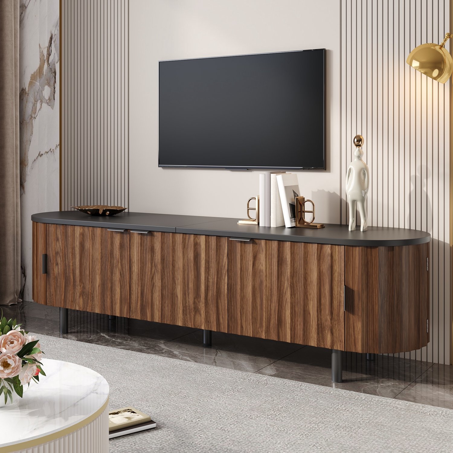Wishdor TV-meubel met 5 deuren - Geribbelde fronten en afgeronde zijkanten - Opbergruimte achter deuren - IJzeren poten en handgrepen - Modern voor de woonkamer - MDF - Walnootkleur - 170 x 40 x 47 cm