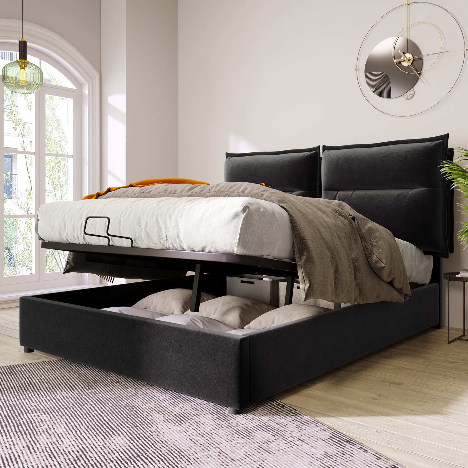 Vovtenza Hydraulisch tweepersoons gestoffeerd bed 140x200cm - verstelbaar hoofdeinde - bed met metalen frame en lattenbodem - fluweel - modern bedframe met opbergruimte - grote opbergruimte - zwart (matras niet inbegrepen)