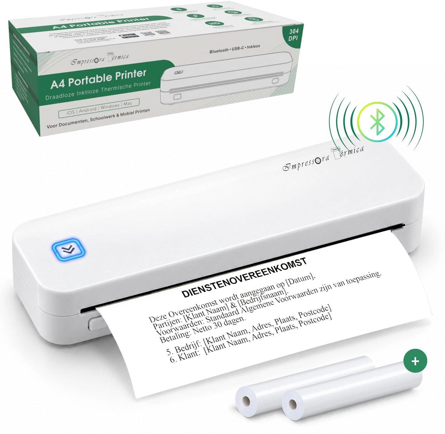 Impressora Térmica® - Draadloze thermische printer - Mini Printer voor Mobiel/Tablet/Laptop - 304 DPI - Pocket Printer - USB/USB-C - Tattoo printer - Inclusief twee rollen thermisch papier - Wit