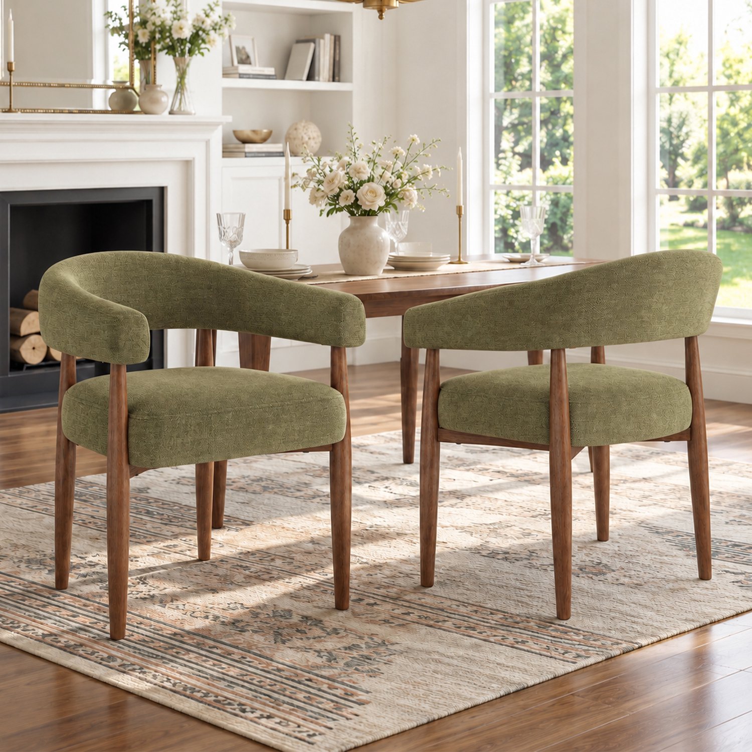 OKWISH Eetkamerstoelen Set van 6 - Gebogen Rugleuning en Armleuningen - Voor Eetkamer en Woonkamer - Chenille en Metaal - Olijfgroen Olijfgroen en walnootkleur