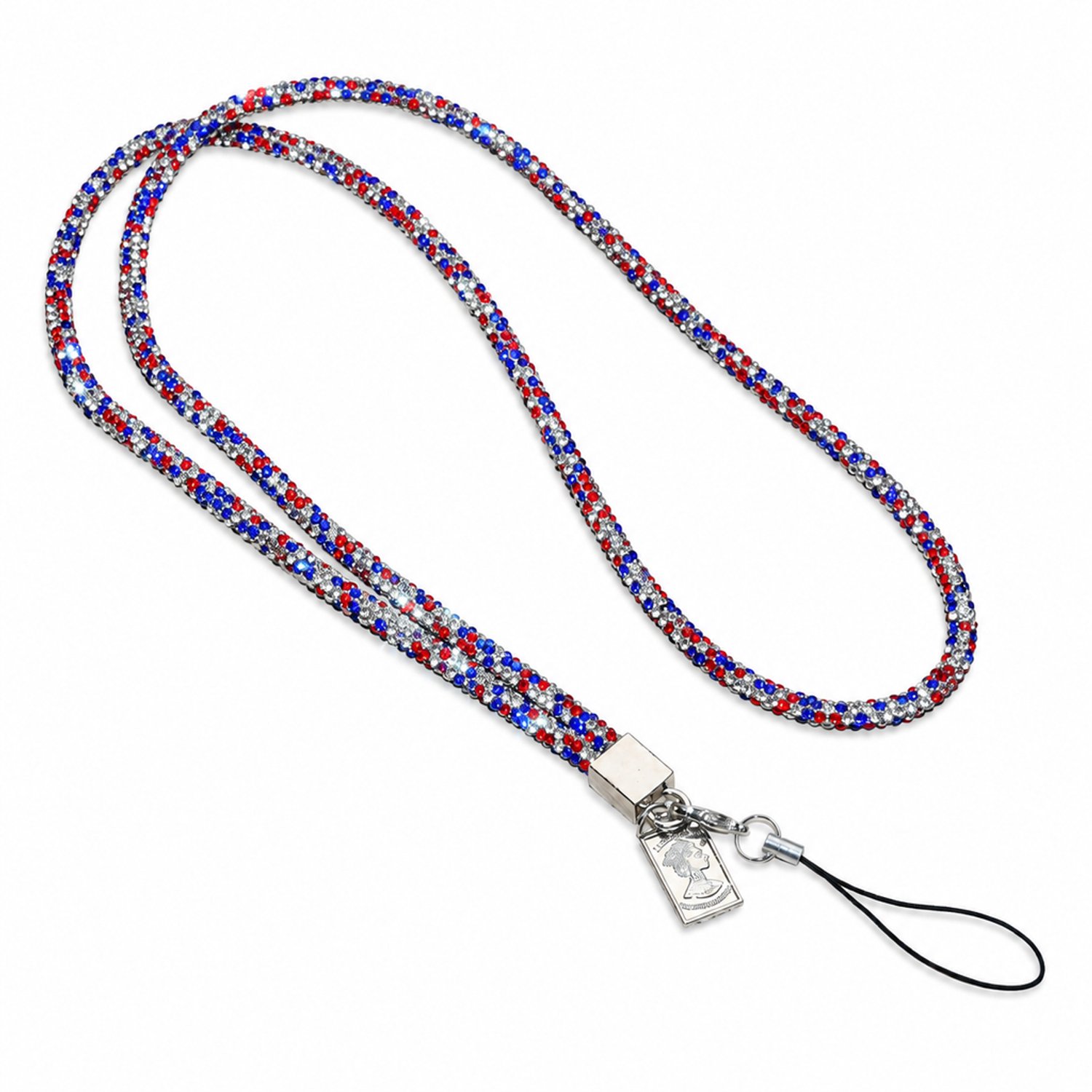 Telefoonkoord voor crossbodygebruik met meerkleurige strass, metalen hanger en kort bevestigingskoord, apart verpakt