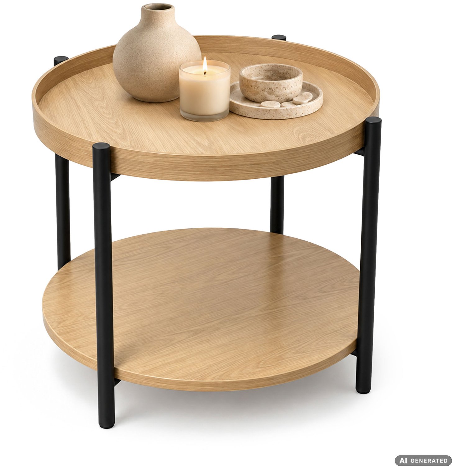 Akord Salontafel RIVA / Natuurlijke Houtlook / 51 cm / Rond / Plank / Zwarte Poten / Industriële Stijl / 51 x 51 x 40 cm Naturel hout en zwart