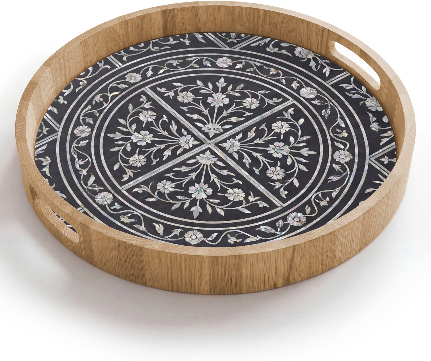 Dienblad rond 40x40 cm - Schootdienblad hout - Patroon - Bloemmotief - Decoratie - Klassiek - Zwart - Borrelplank rechthoek - Plateau houten dienbladen