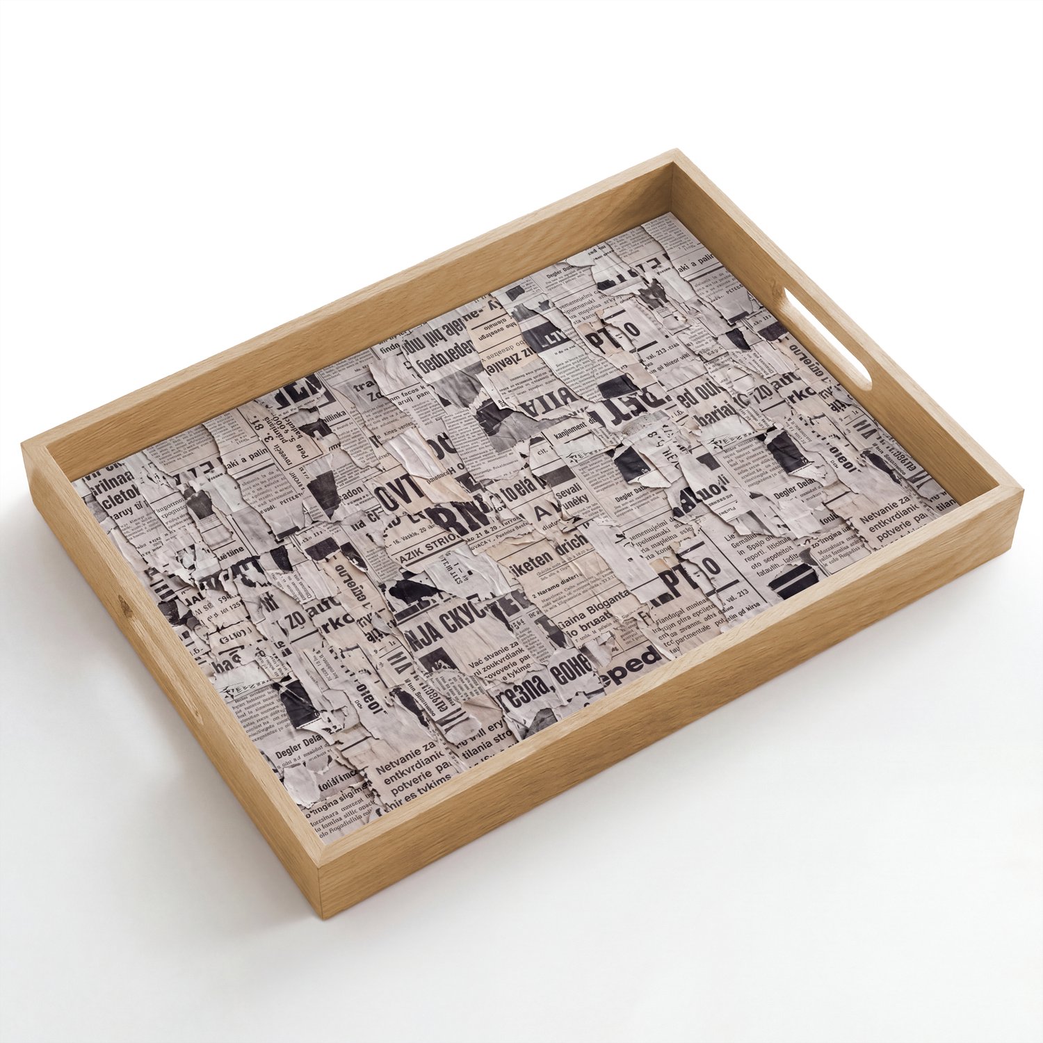 Dienblad hout 50x35 cm - Schootdienblad - Krant - Gescheurd - Textuur - Abstract - Zwart-wit - Borrelplank rechthoek - Plateau dienbladen