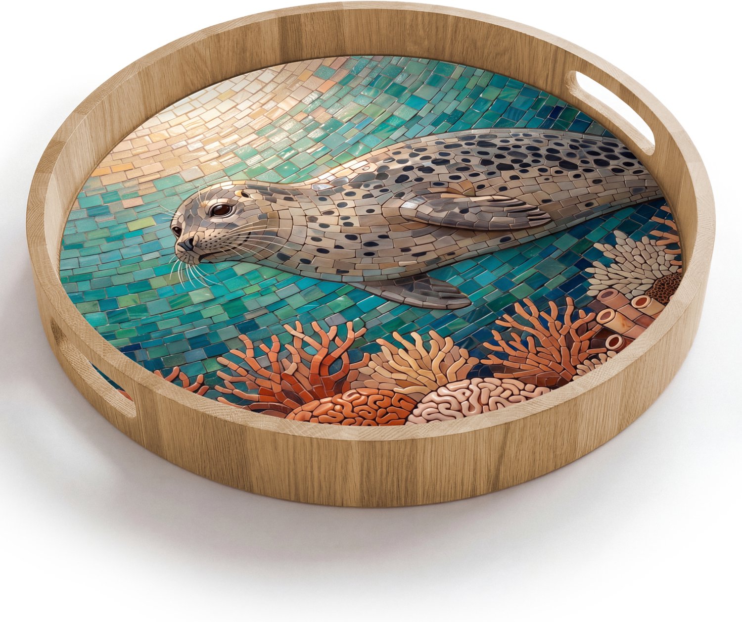 Dienblad rond 40x40 cm - Schootdienblad hout - Zeehond - Mozaïek - Onderwater - Dieren - Blauw - Borrelplank rechthoek - Plateau houten dienbladen