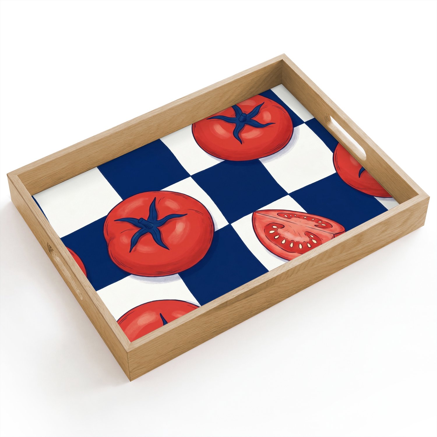 Dienblad hout 40x30 cm - Schootdienblad - Eten - Tomaten - Keuken - Illustratie - Rood-Blauw - Borrelplank rechthoek - Plateau dienbladen