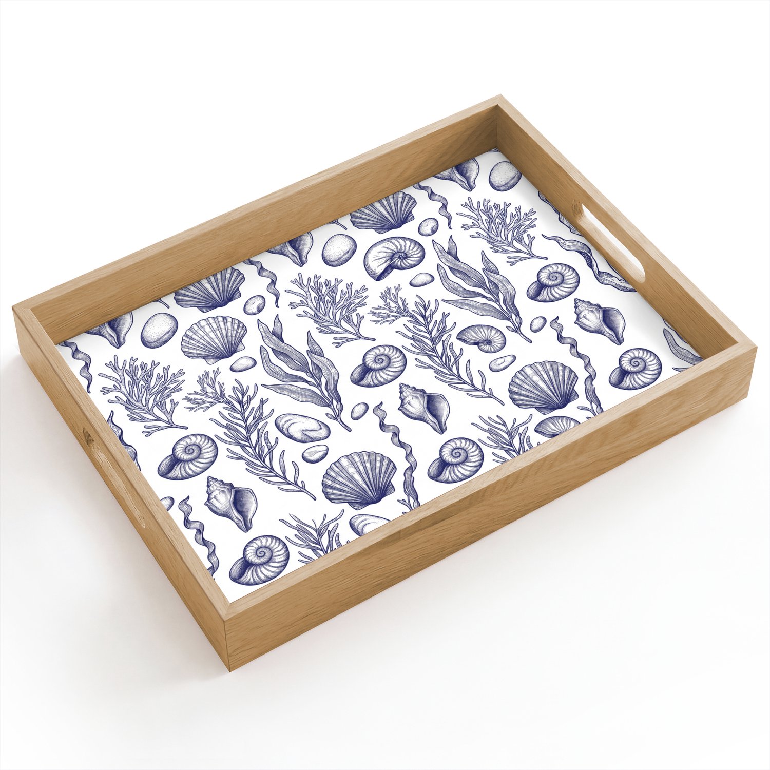 Dienblad hout 40x30 cm - Schootdienblad - Schelpen - Zeewier - Oceaan - Illustratie - Blauw - Borrelplank rechthoek - Plateau dienbladen