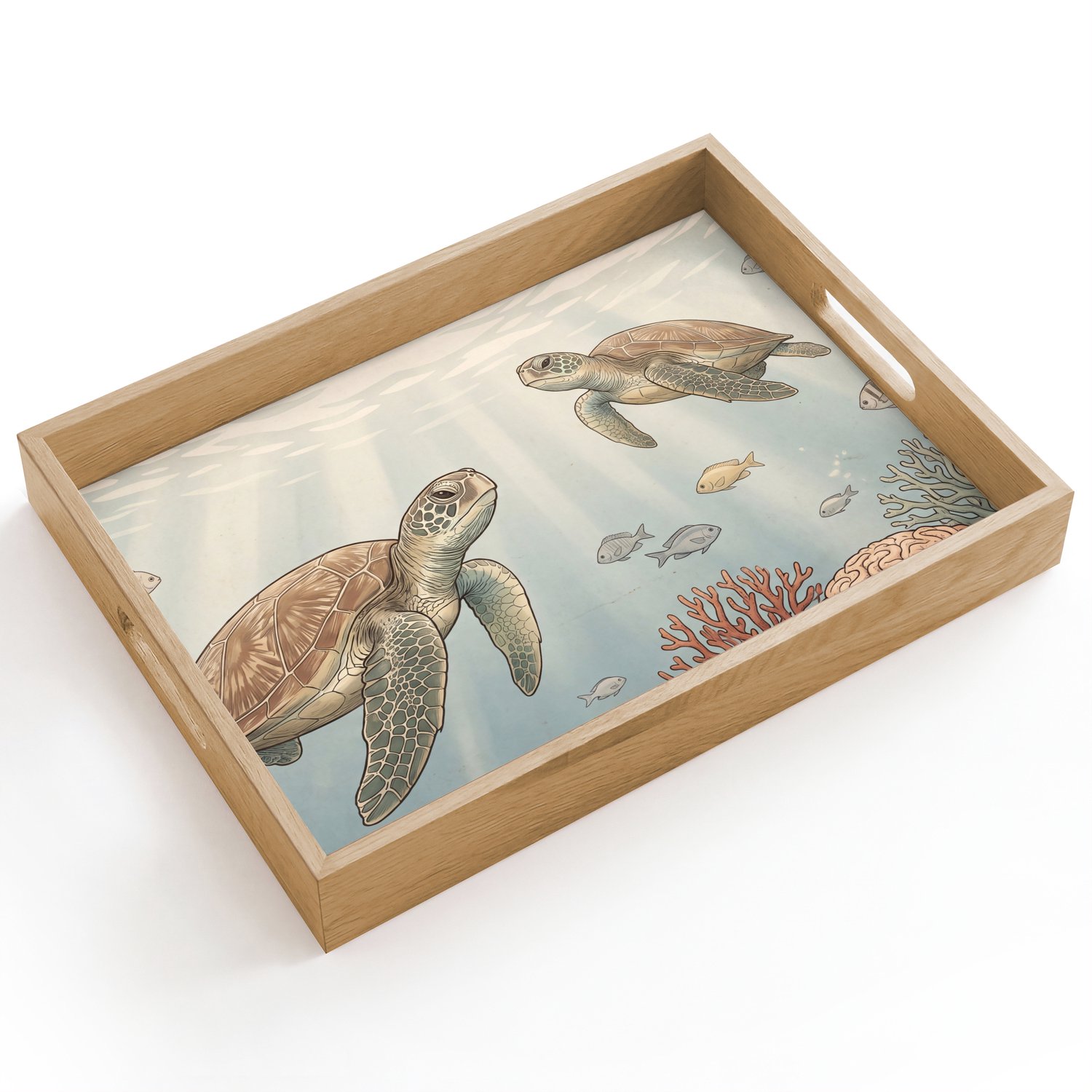 Dienblad hout 40x30 cm - Schootdienblad - Schildpad - Onderwater - Natuur - Illustratie - Borrelplank rechthoek - Plateau dienbladen