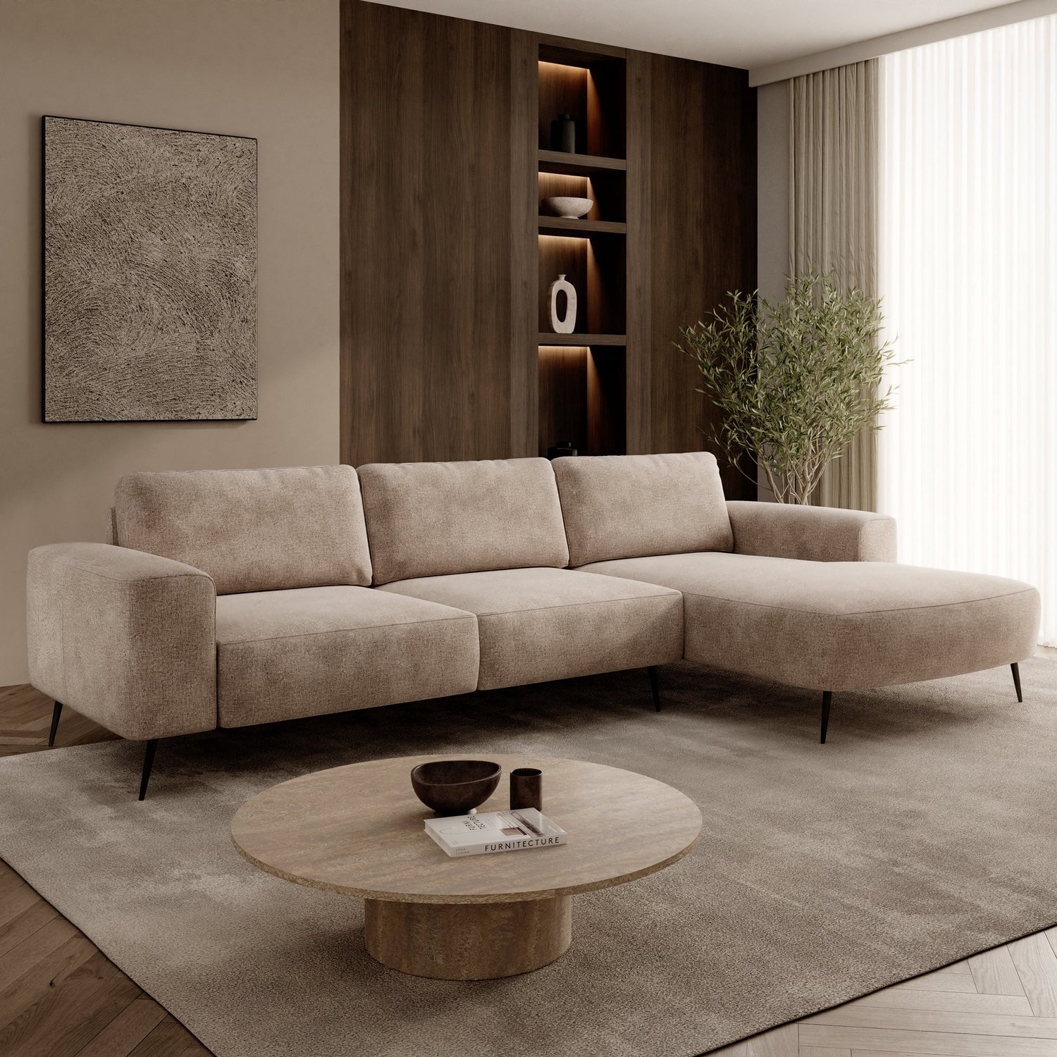 MEUBELLA Veldan - Hoekbank 3-zits - Stof beige - Rechts
