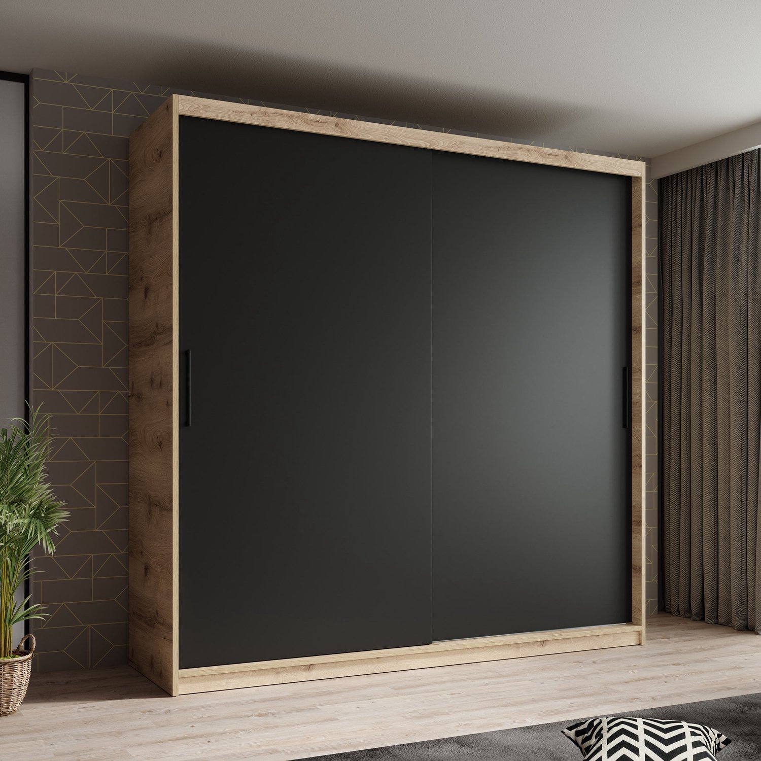 MEUBELLA Kledingkast Luxor - Zwart - Eiken - 200 cm Bruin|Zwart