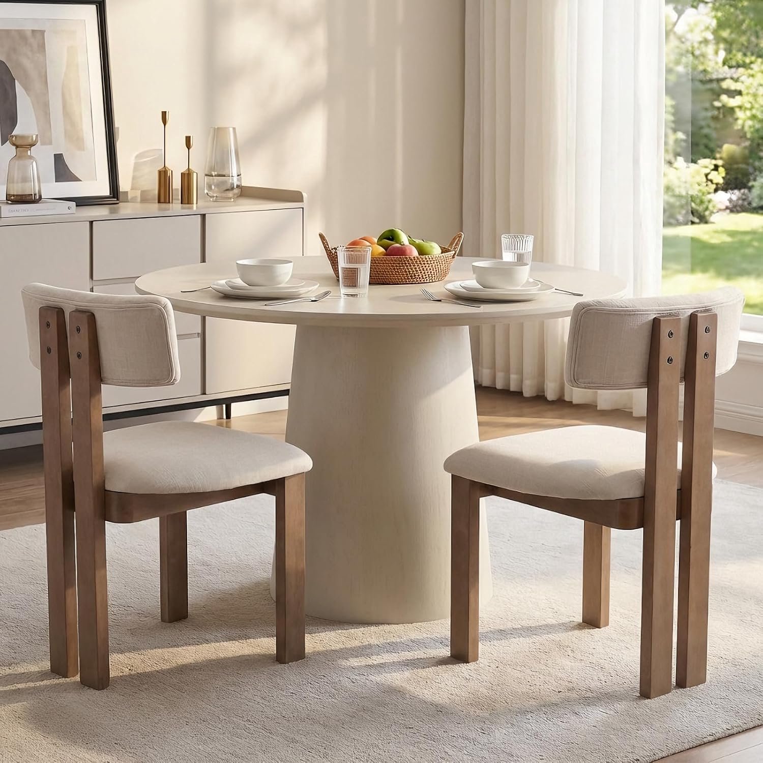 etro Beige Eetkamerstoel van Linnen met Massief Houten Poten Set van 2 – Comfortabele Scandinavische Keukenstoel met Vintage Design